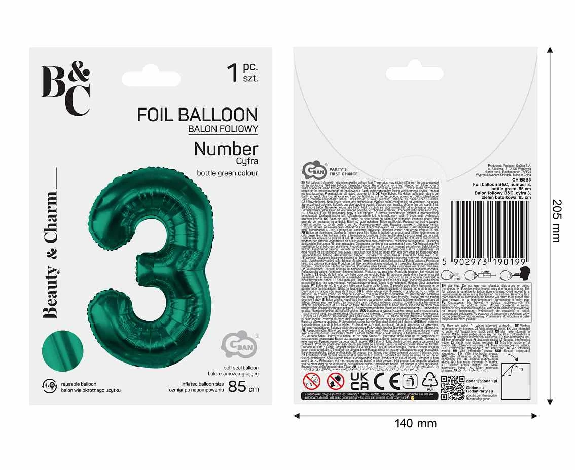 Balon foliowy B&C, cyfra 3, zieleń butelkowa, 85 cm